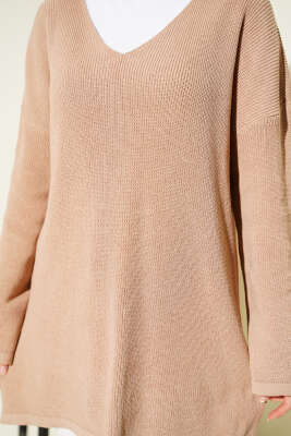 V Yaka Düz Triko Tunik Latte - Tunik