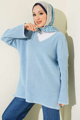 V Yaka Düz Triko Tunik Mavi - RAFİMİX