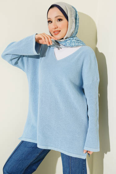 V Yaka Düz Triko Tunik Mavi - Tunik