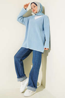 V Yaka Düz Triko Tunik Mavi - Tunik