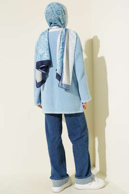 V Yaka Düz Triko Tunik Mavi - Tunik