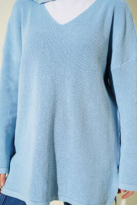 V Yaka Düz Triko Tunik Mavi - Tunik