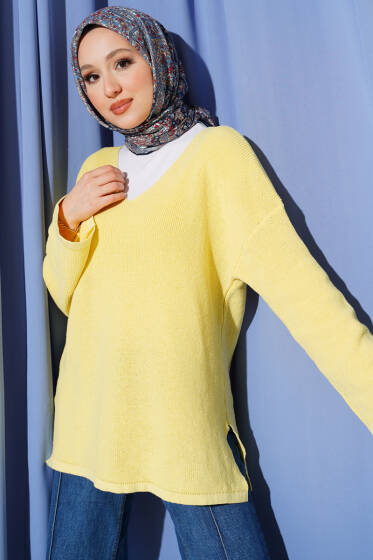 V Yaka Düz Triko Tunik Sarı - Tunik