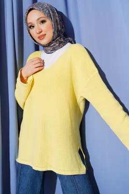 V Yaka Düz Triko Tunik Sarı - RAFİMİX