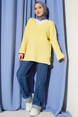 V Yaka Düz Triko Tunik Sarı - Yılın Fırsatı