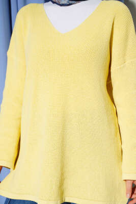 V Yaka Düz Triko Tunik Sarı - Yılın Fırsatı