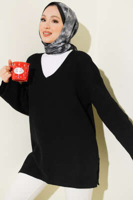 V Yaka Düz Triko Tunik Siyah - RAFİMİX