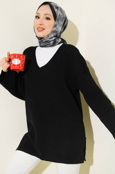 V Yaka Düz Triko Tunik Siyah - Tunik