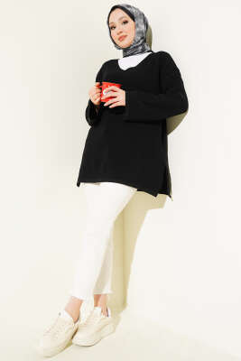 V Yaka Düz Triko Tunik Siyah - Tunik