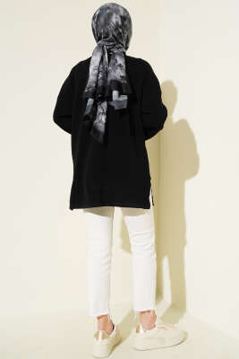 V Yaka Düz Triko Tunik Siyah - Tunik