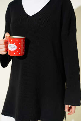 V Yaka Düz Triko Tunik Siyah - Tunik