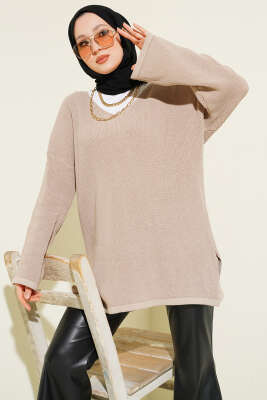 V Yaka Düz Triko Tunik Vizon - RAFİMİX