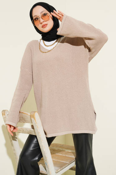 V Yaka Düz Triko Tunik Vizon - Tunik