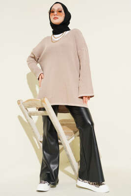 V Yaka Düz Triko Tunik Vizon - Tunik