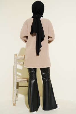 V Yaka Düz Triko Tunik Vizon - Tunik