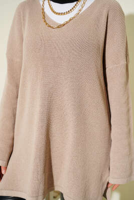 V Yaka Düz Triko Tunik Vizon - Tunik