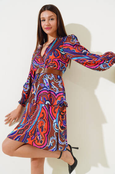 V Yaka Etnik Desen Saten Elbise Kahve - Kadın Giyim Modelleri