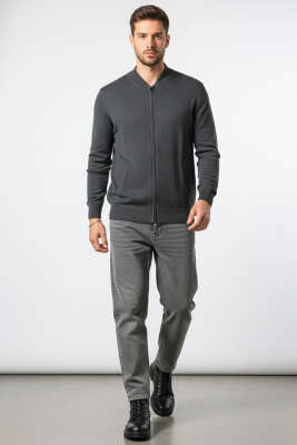 V Yaka Fermuarlı Erkek Triko Hırka Antrasit - Erkek Hırka