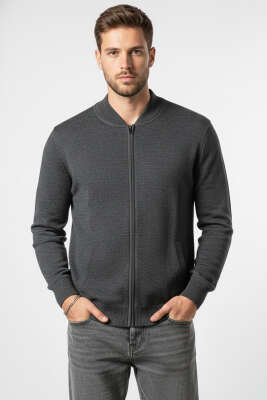 V Yaka Fermuarlı Erkek Triko Hırka Antrasit - ASRIN TRİKO