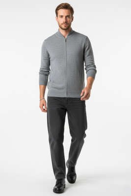 V Yaka Fermuarlı Erkek Triko Hırka Gri - Erkek Hırka