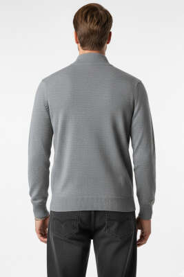 V Yaka Fermuarlı Erkek Triko Hırka Gri - Erkek Hırka