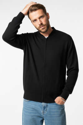 V Yaka Fermuarlı Erkek Triko Hırka Siyah - ASRIN TRİKO