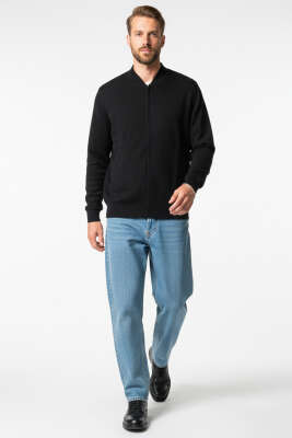 V Yaka Fermuarlı Erkek Triko Hırka Siyah - Erkek Hırka