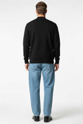 V Yaka Fermuarlı Erkek Triko Hırka Siyah - Erkek Hırka