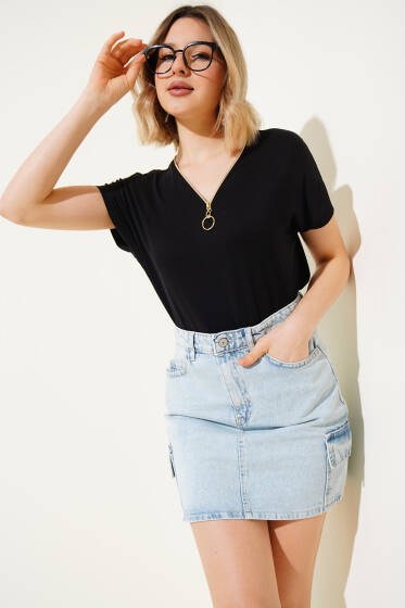 V Yaka Fermuarlı Kısa Kol Bluz Siyah - Kadın Giyim Modelleri