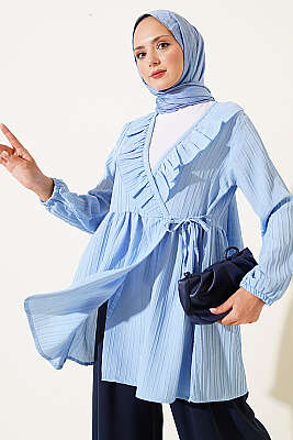 V Yaka Fırfır Detaylı Kimono Mavi - ÖZ İKLİM