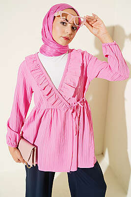 V Yaka Fırfır Detaylı Kimono Pembe - ÖZ İKLİM
