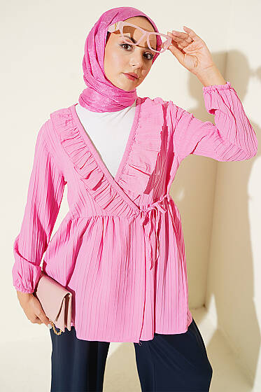 V Yaka Fırfır Detaylı Kimono Pembe - Dış Giyim&Mont