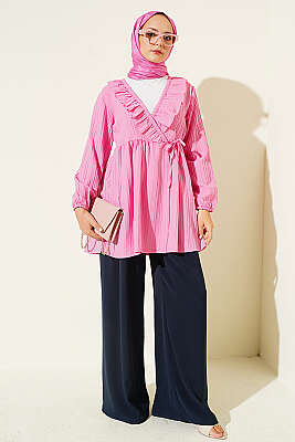 V Yaka Fırfır Detaylı Kimono Pembe - Kampanyalı Ürünler