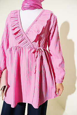V Yaka Fırfır Detaylı Kimono Pembe - Kampanyalı Ürünler