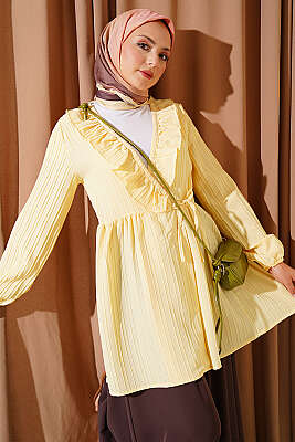 V Yaka Fırfır Detaylı Kimono Sarı - ÖZ İKLİM