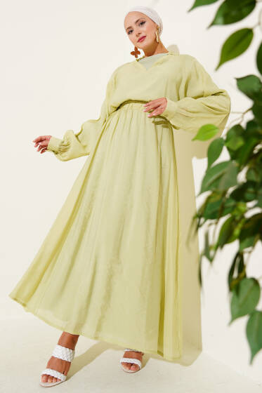 V Yaka Fırfırlı Etekli Üçlü Takım Çağla Yeşili - İkili Takım