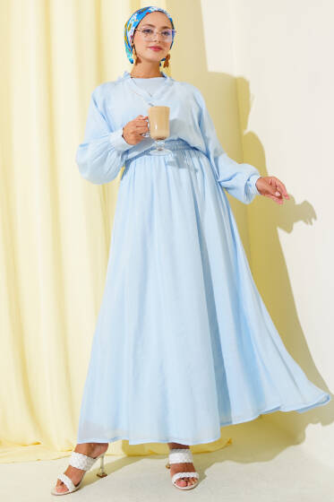 V Yaka Fırfırlı Etekli Üçlü Takım Mavi - İkili Takım