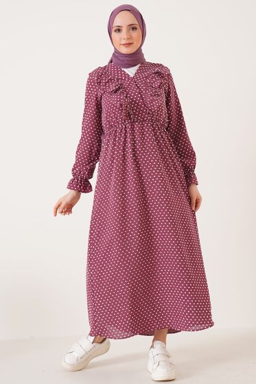 V Yaka Fırfırlı Gül Kurusu Elbise - Tesettür Elbise