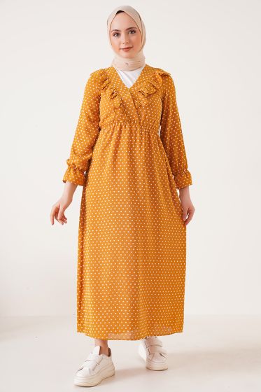 V Yaka Fırfırlı Hardal Elbise - Tesettür Elbise