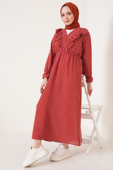 V Yaka Fırfırlı Kiremit Elbise - Tesettür Elbise