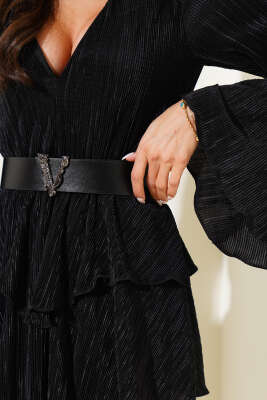 V Yaka Fırfırlı Mini Elbise Siyah - Kadın Giyim Modelleri