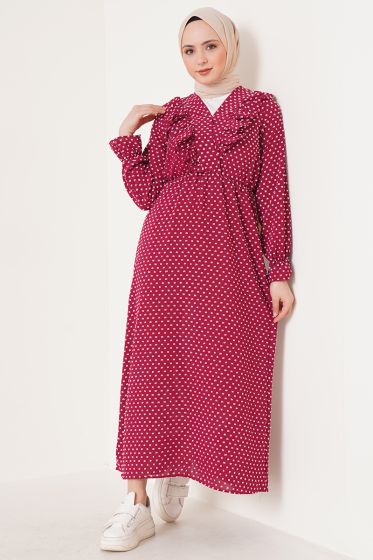 V Yaka Fırfırlı Mor Elbise - Tesettür Elbise