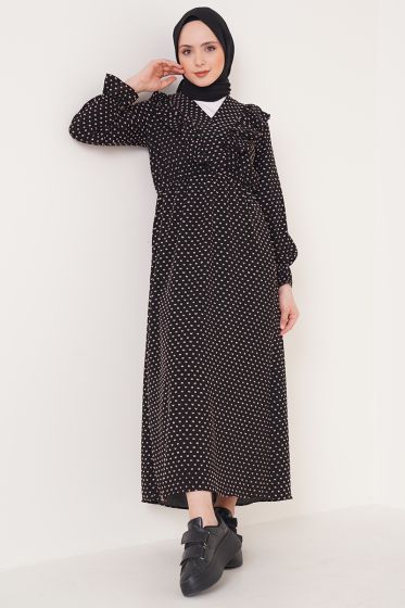 V Yaka Fırfırlı Siyah Elbise - Tesettür Elbise