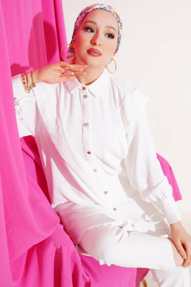 V Yaka Fırfırlı Tunik Beyaz - Tunik