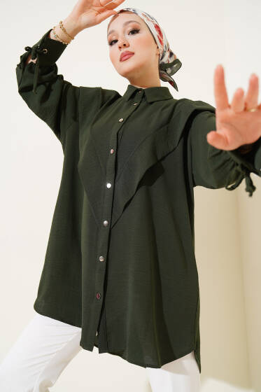 V Yaka Fırfırlı Tunik Haki - Tunik