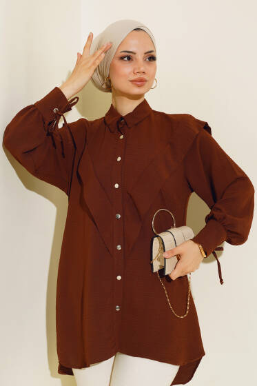 V Yaka Fırfırlı Tunik Kahve - Tunik