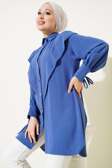 V Yaka Fırfırlı Tunik Mavi - Tunik