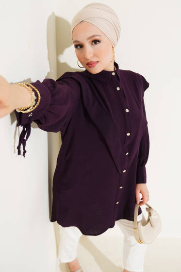 V Yaka Fırfırlı Tunik Mor - Tunik