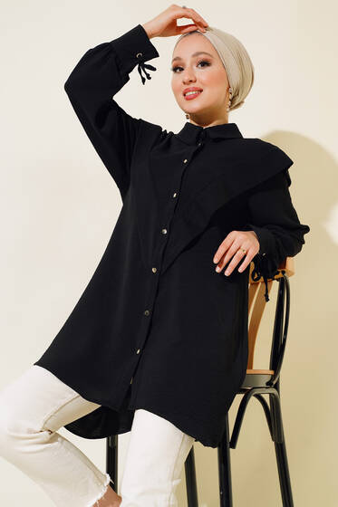 V Yaka Fırfırlı Tunik Siyah - Tunik