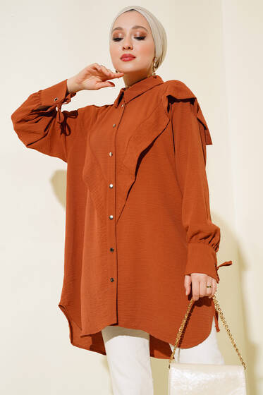 V Yaka Fırfırlı Tunik Taba - Tunik